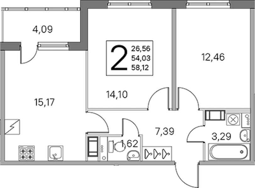 2-комнатная квартира 54.03 м², 3/5 эт., ЖК «ЮгТаун. Олимпийские кварталы»